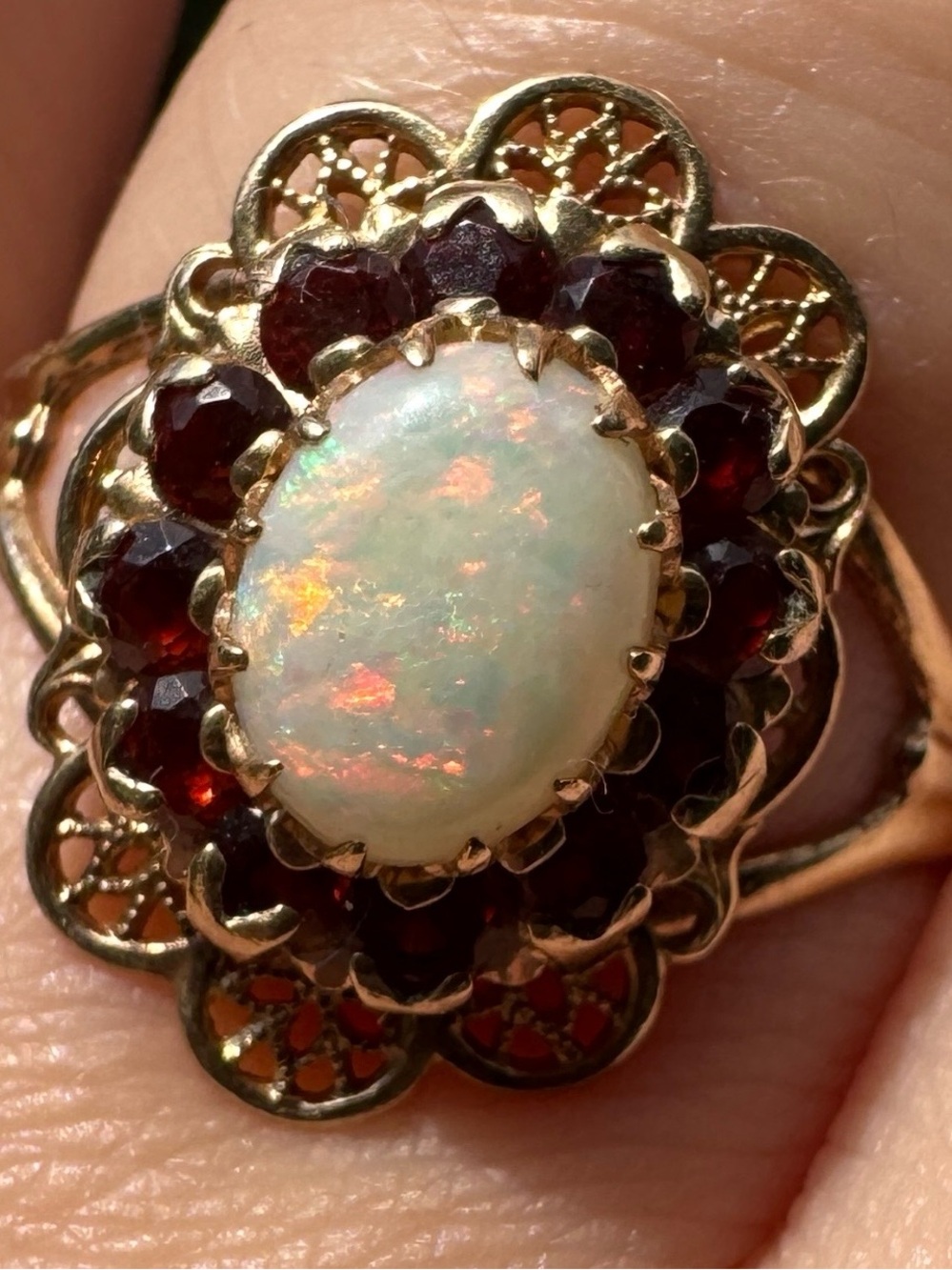 Opal and Garnet Floral Cocktail Ring - 10k Gold